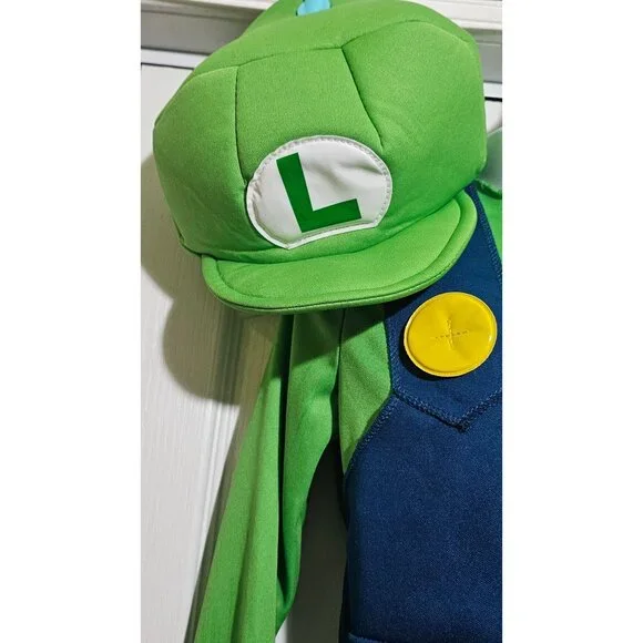 Super Mario Classic Luigi Costume Toddler 3T-4T Jumpsuit Hat Mustache Boys Kids - Picture 2 of 7